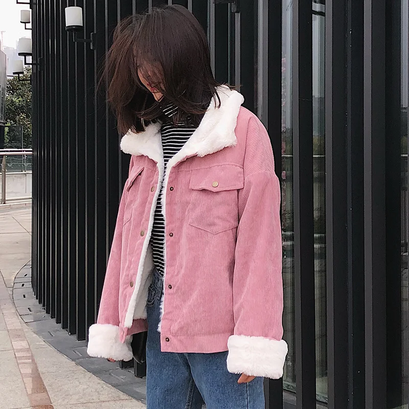 

Autumn Winter Corduroy Basic Jacket Lambswool Bomber Jacket Women Long Sleeve Jacket Casual Single Breasted Denim Jacket