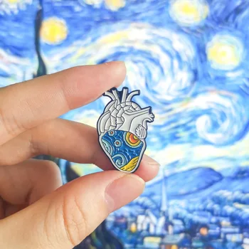Van Gogh gwiaździste niebo anatomiczne serce emalia szpilki Organ sztuki medycznej artysta broszki serce odznaka broszki przypinka dla mężczyzn kobiety tanie i dobre opinie XioMara Ze stopu cynku XZ2196 TRENDY Moda Unisex Metal