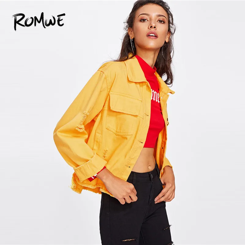 ROMWE Slit Side Frayed Denim Jacket Casual Breasted Women Ripped Yellow Basic Coat Spring Fall Collar Long Sleeve Jacket ROMWE Slit Side Frayed Denim Jacket Casual Breasted Women Ripped Yellow Basic Coat Spring Fall Collar Long Sleeve Jacket