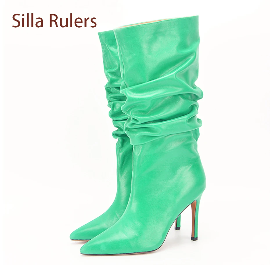 

Silla rulers Women Knee Boots Sexy Stiletto High Heel Stage Show Boots Runway Chic Pointed Toe Wrinkle Ruffled Boots For Lady