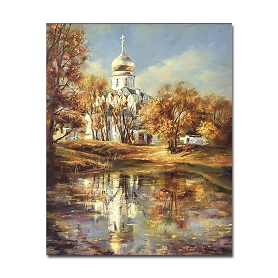 

DIY Oil Painting By Numbers Kits Coloring Handpainted Autumn Woods Church Building Canvas Pictures Home Decor Wall Art Framework