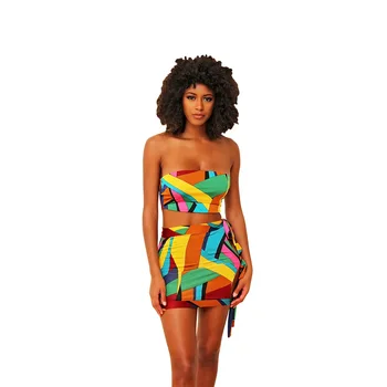 

Spring Summer Women Two Piece Set Top and Pants Plus Size Outfits Tracksuit Sweatsuit Outfit Patchwork Print Strapless Top Skirt