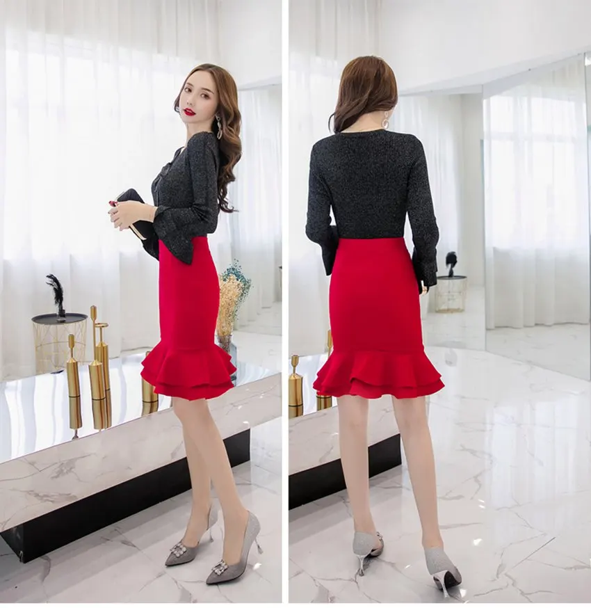 SEXMKL женское корейское платье-карандаш юбка Модная элегантная высокая Талия гофрированная черная юбка Офисная Женская сексуальная юбка размера плюс красная юбка Jupe