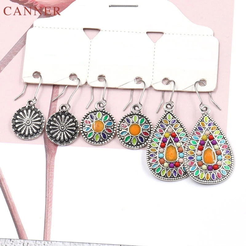 3Pairs/set Boho Colorful Beads Earrings for Women Vintage Antique Silver Water Drop Earrings 2019 Bohemian Jewelry Earings C40