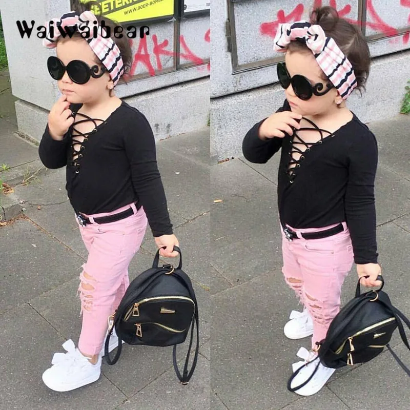 

Autumn Fashion Kids Girls Sets Baby Girls Long -Sleeved Black Tops +Holes Long Pant 2PCS Outfits Casual Kids Sets Clothes