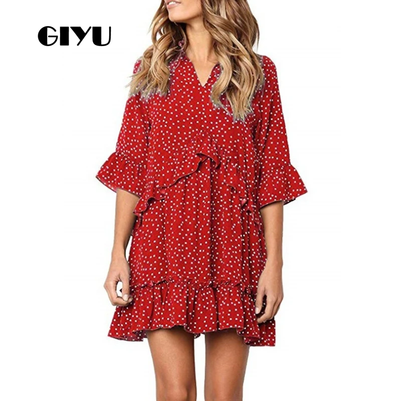 

GIYU Summer Women V Neck Half Sleeve Dress Party Mini Dresses Ruffles Vestido Sexy Loose High Waist robe femme