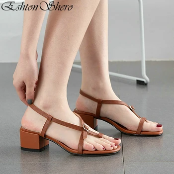 

EshtonShero Women Sandals Summer Shoes Woman Square Med Heels Platform Cow Leather Round Toe Brown Ladies Wedding Shoes Size 3-8