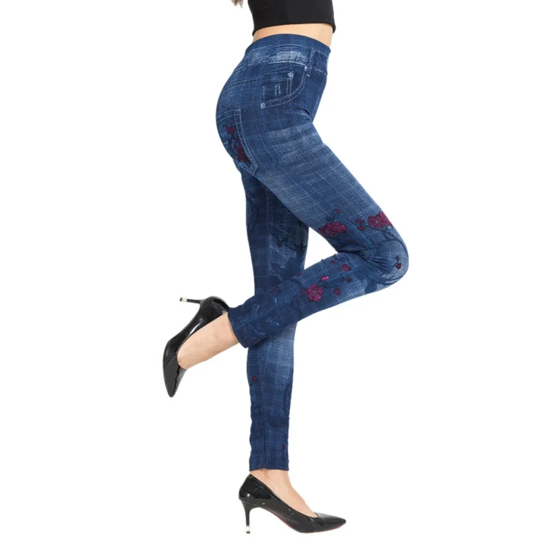 Women's Sexy Floral Jeans Jeggings High Waist Stretch Denim Print Leggings with Pocket