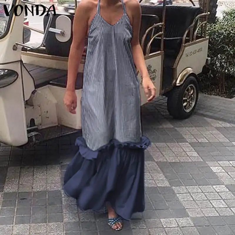 VONDA المرأة البوهيمي ماكسي لونغ اللباس الصيف مثير السيدات الصلبة الشاطئ مساء حزب فستان الشمس أكمام حبال الخامس الرقبة فساتين 5XL VONDA المرأة البوهيمي ماكسي لونغ اللباس الصيف مثير السيدات الصلبة الشاطئ مساء حزب فستان الشمس أكمام حبال الخامس الرقبة فساتين 5XL