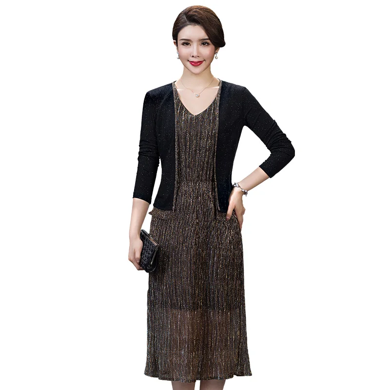 Hot Product 2 Pieces Fashion Free Shipping Spring Autumn Dress Women Work Wear Set Suits Black Color Plus Size Medium Old Age Clothes