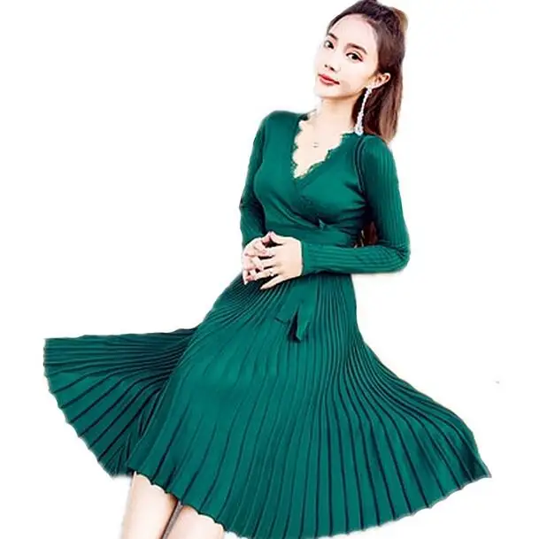 Женский кружевной свитер трикотажное платье 2019 Vestidos офисное женское с поясом v