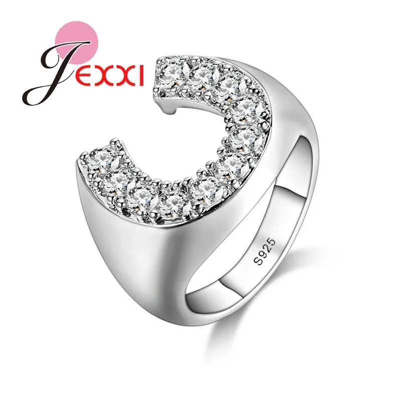 

PATICO Newest Design Luxury Letter C Shape Women Finger Jewelry 925 Sterling Silver Rings For Laides Full Clear Crystal Ring