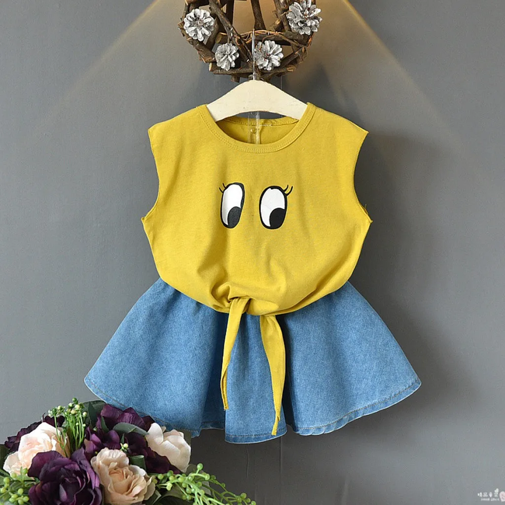 

Children Clothing Set For Infant Girl Summer Clothes Cotton Casual Daily Fashion Cartoon Eye Print Vest Denim Skirt Set