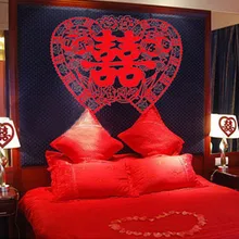 Marriage celebration supplies queen bed Double Happiness flocking cloth grilles paper cutting wedding room wall stickers double happiness mommy parure