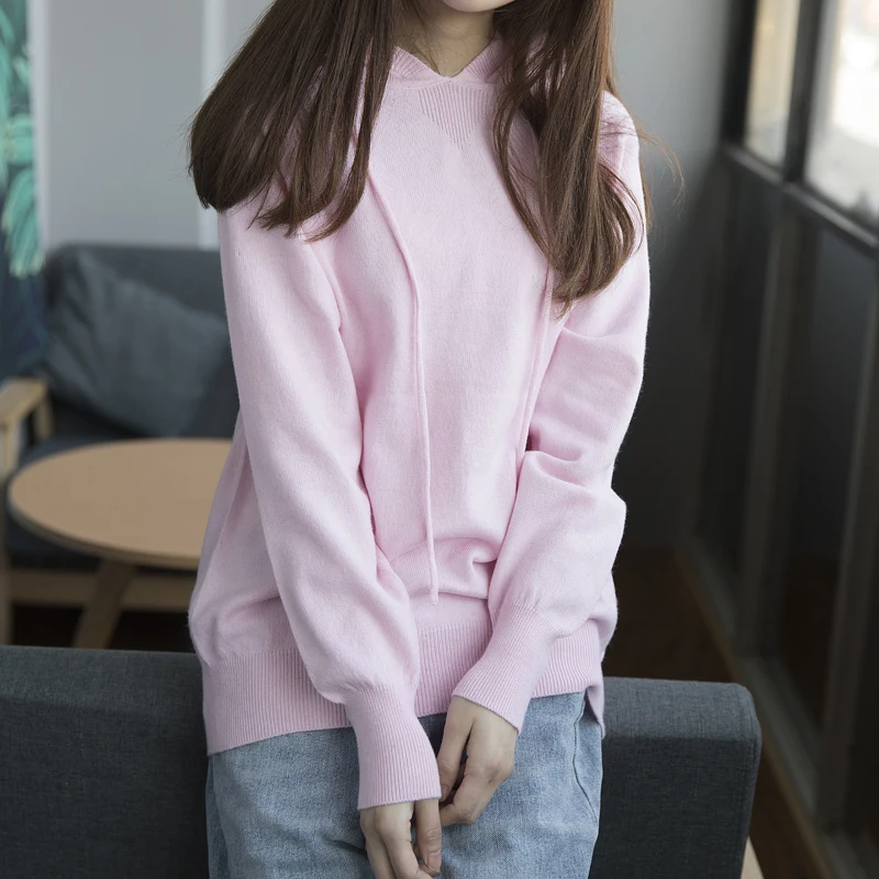 2019 Spring and Autumn New Loose Knit Pullover Quality Hooded Women Cashmere Sweater Solid Color Hooded Wool Sweater Coat D190