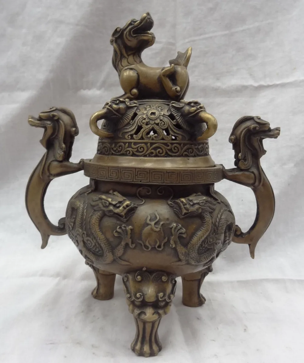 

007944 10" Chinese Buddhist Bronze Dragon Ball Lion Kylin Statue Incense Burner Censer