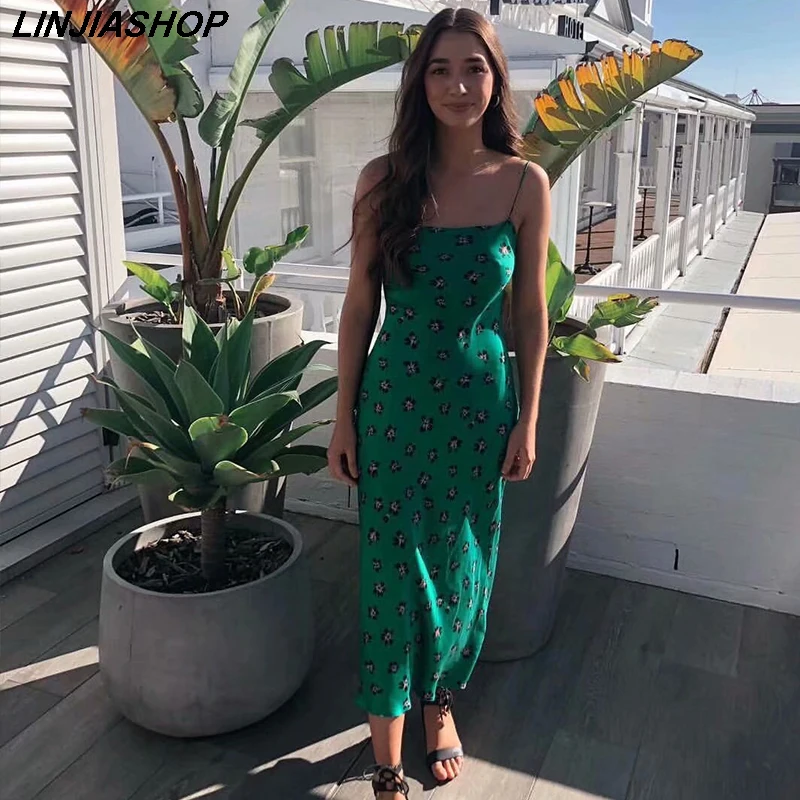 

Elegant silk-like holiday summer beach dress green A line sleeveless spaghetti strap slash neck high waist bodycon gala dress