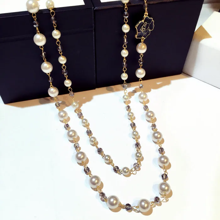 

New fashion classic imitation pearl drop oil flower two-layer sweater chain long necklace female N00369*