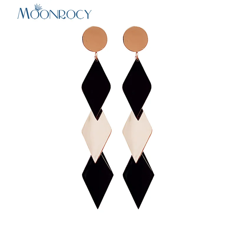 

MOONROCY Geometry Trendy Tassels Earring Jewelry Wholesale Rose Gold Color Long Earrings Hollow Party Jewelry Black Gift