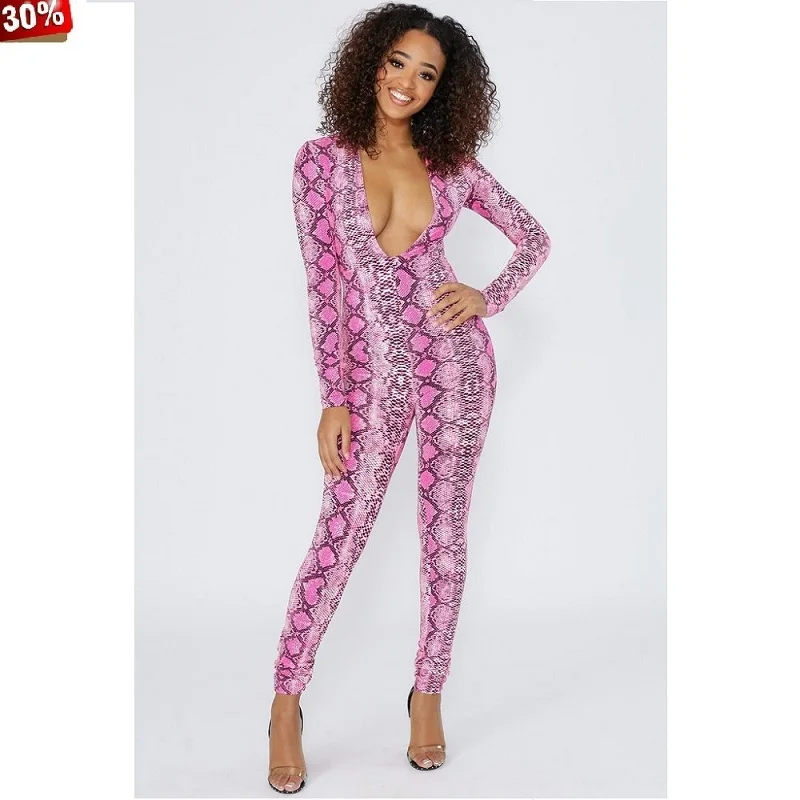 

Green Snake Print Bodysuit Long Sleeeve Sexy Snake Body Playsuit Deep V-neck Jumpsuit Long Pants Bodycon Rompers Womens Outfits