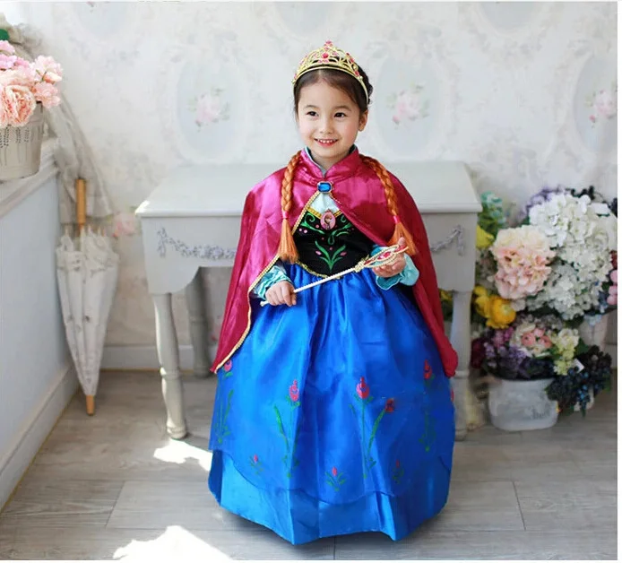 

Kids Party Costume Dress Princess Anna Silk Dress with Capa Kids Birthday Christmas Party Decoration Set