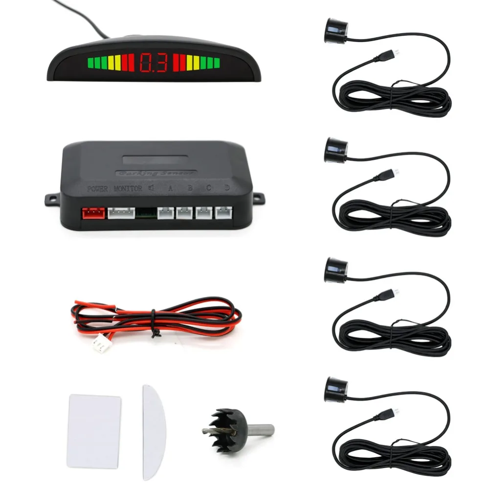 Car Parking Sensors Parktronics 4 Black/Silver/White 22mm Flat Sensors Reverse Backup Radar Sound Buzzer Alarm Adjustable Sound