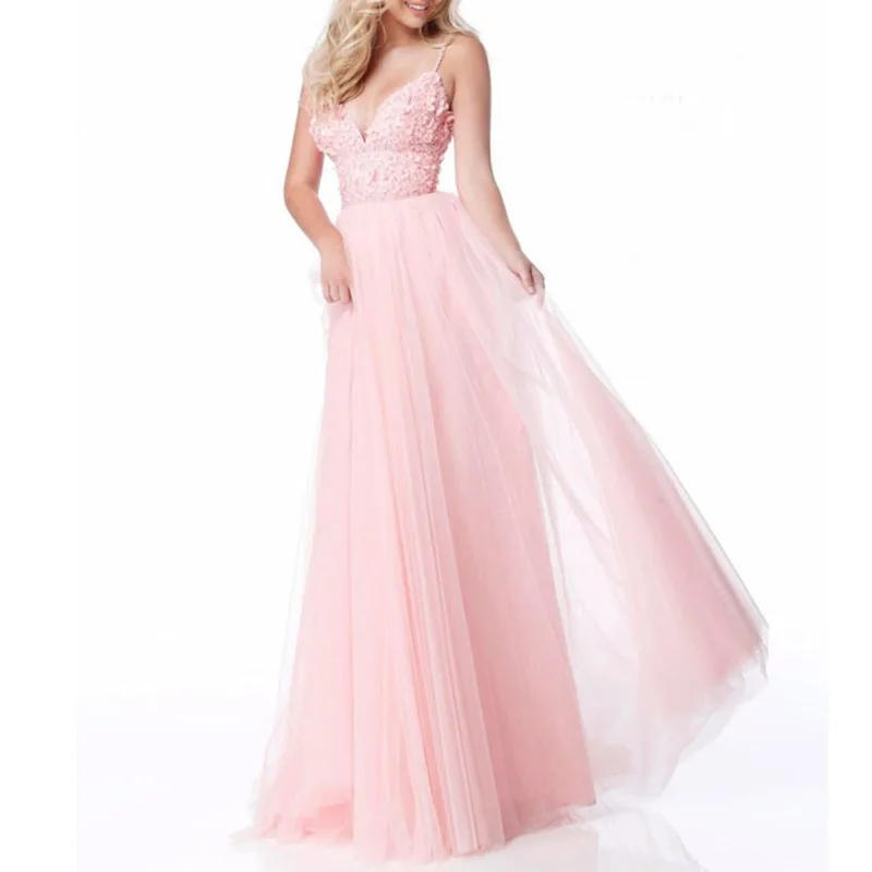 

2019 NEW Summer Sexy V-Neck Pink Sleeveless Lace Chiffon Mesh Dress Women Vestido Maxi Dress Long Party Dress vestidos de fiesta