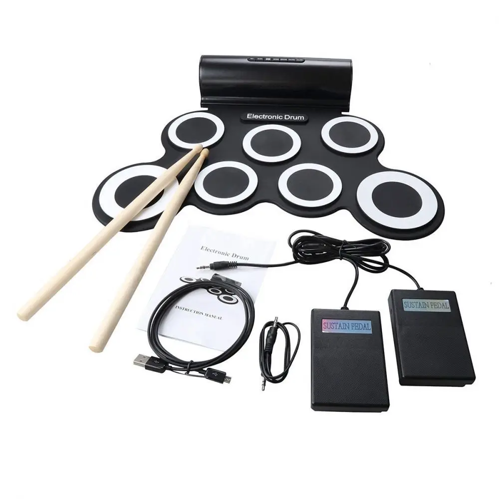 

Music Portable Electric Drum Digital Mono Electronic Drum Set 7 Silicon Pads Built-in Speaker USB Powered with Drumsticks Foot