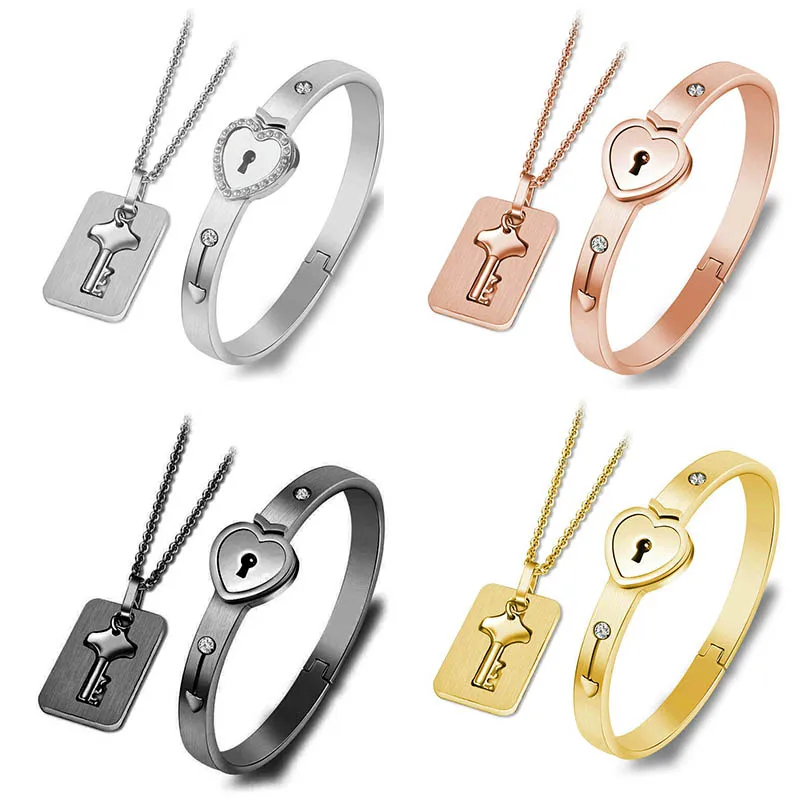 

Hot Sale A Set Love Heart Lock Key Necklaces Pendants For Women Stainless Steel Lover Necklace Couples Fashion Jewelry