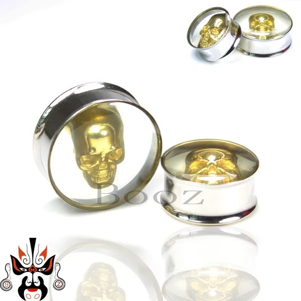 gold skull stainless steel ear plugs tunnels piercing body jewelry ear
