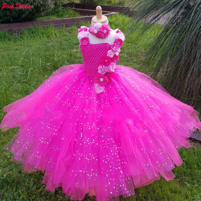Шикарная мечта, ярко-розовое платье-пачка с цветочным узором для девочек свадебное платье блестящее v-образное платье-пачка детское платье подружки невесты
