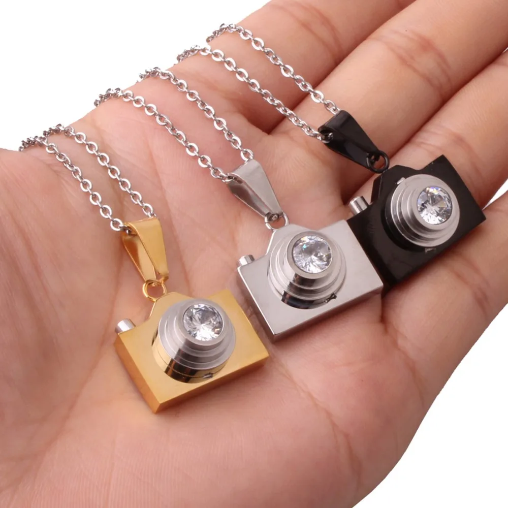 

Hip Hop Stainless Steel Silver/Gold/Black Crystal Charm Photographer Camera Pendant Necklace Cross Chain Men's Women's Jewelry