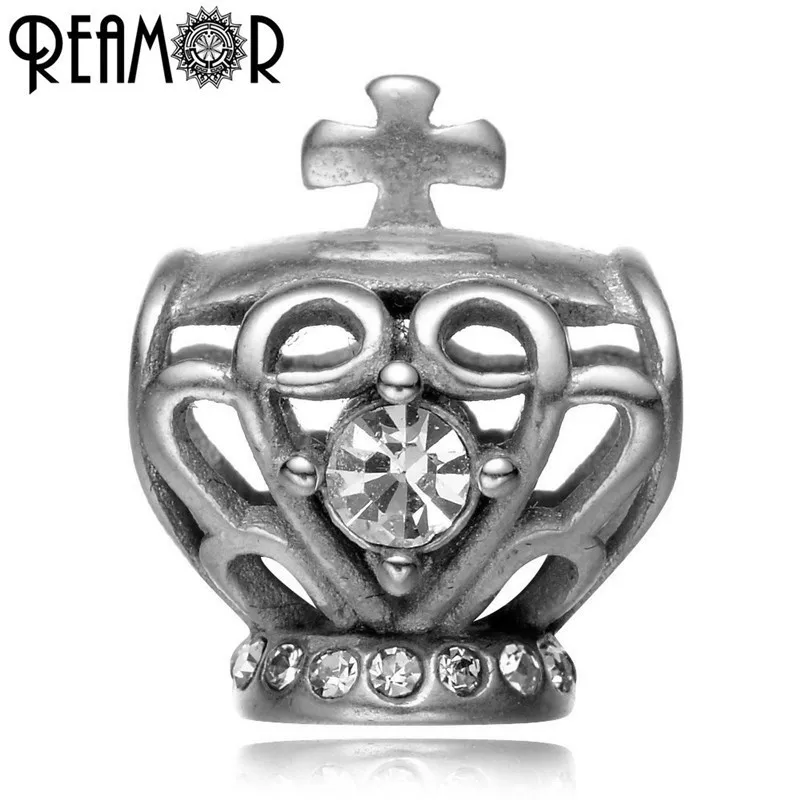 

REAMOR 5pcs Luxury 316l Stainless Steel Crystal Crown European Beads Charm For DIY Women Bracelet Jewelry Making Lover Gift