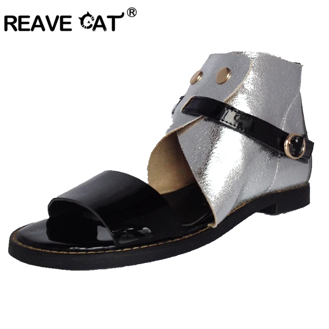REAVE CAT size 32-43 Women Sandals punk women shoes gladiator Summer flat sandals buckle Patchwork Summer shoes zapatos QL4180