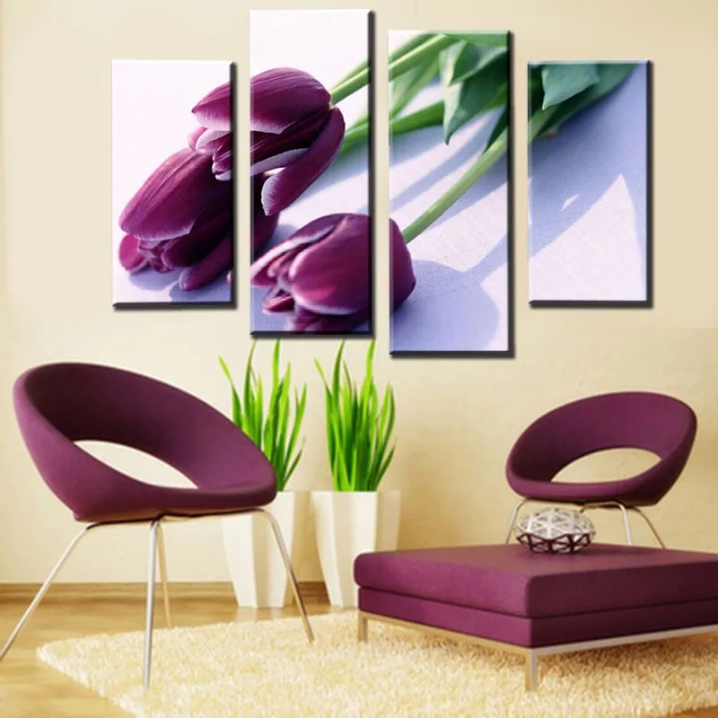 Unframed-4pcs-Purple-Tulip-Flower-Modern-Paint-Print-Canvas-Large-HD-Picture-Home-Wall-Art-Picture (3)