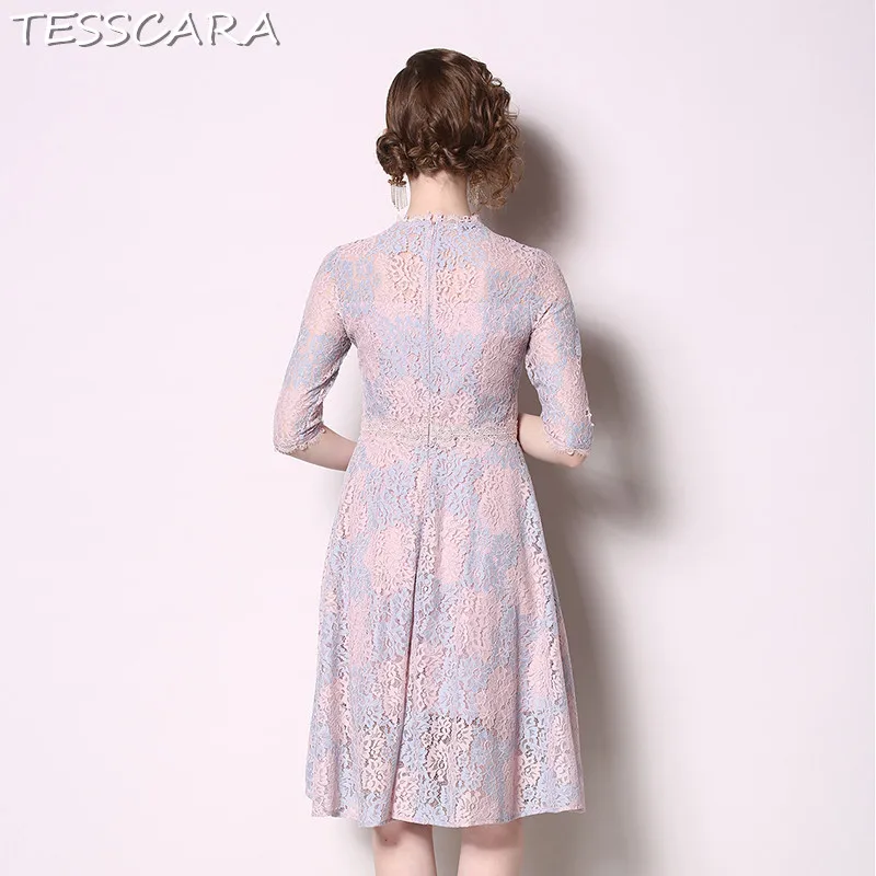 TESSCARA женские элегантные вечерние кружевные платья Festa Robe Femme высокого качества винтажные дизайнерские женские длинные офисные женские розовые платья