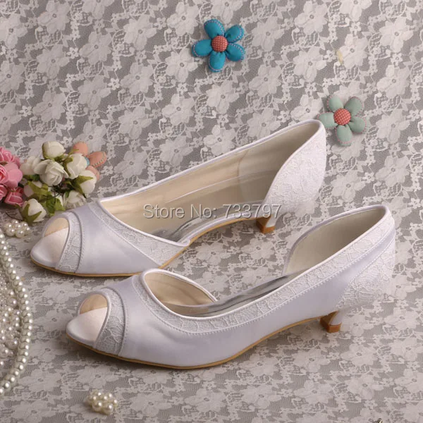 Wedopus Spring Autumn Satin Wedding Shoes Open Toe with Lace Fabric Low Heel Customized