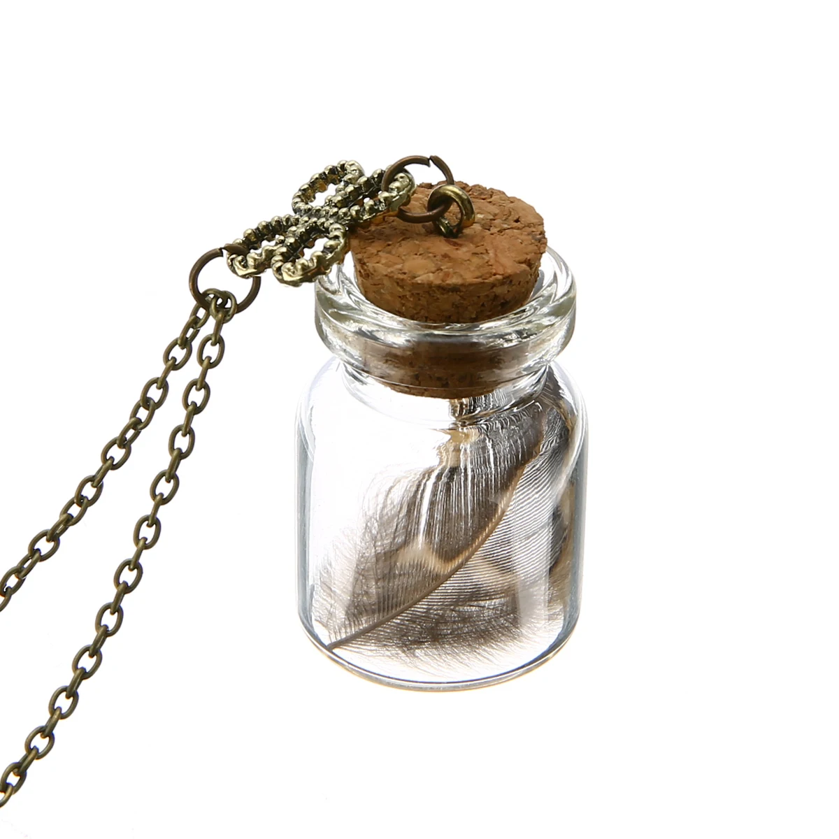 Vintage Long Link Chain Choker Necklace Shellhard Real Feather in Glass Wish Bottle Pendant Necklaces For Women Jewelry Gift