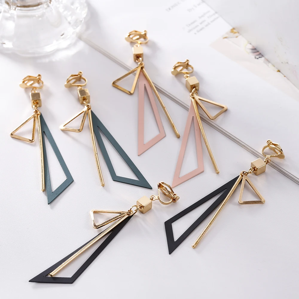 

Korean Creative Long Statement Geometric Triangle Tassel Clip on Earrings for Women Earings Fashion Jewelry