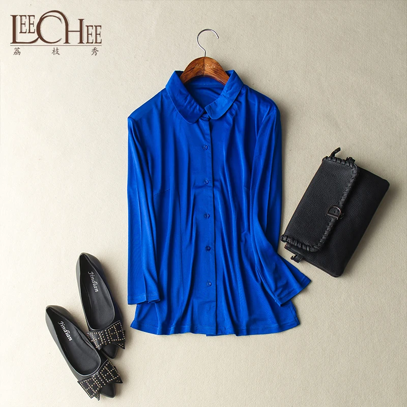 En Ligne Leechee Femmes Poupée Col À Manches Longues Pur Nature Soie tricoté Top Single Breasted Blouse Chemise de Style À La Mode