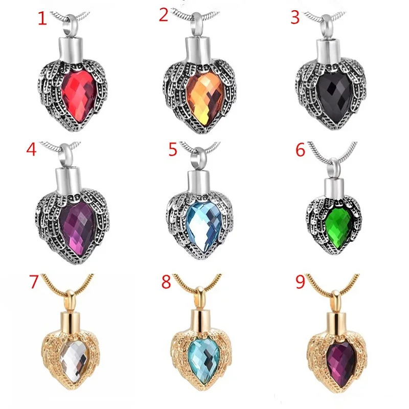 IJD8719 Angel Wing Wrapped Birthstone Memorial Urn Necklace for Ashes