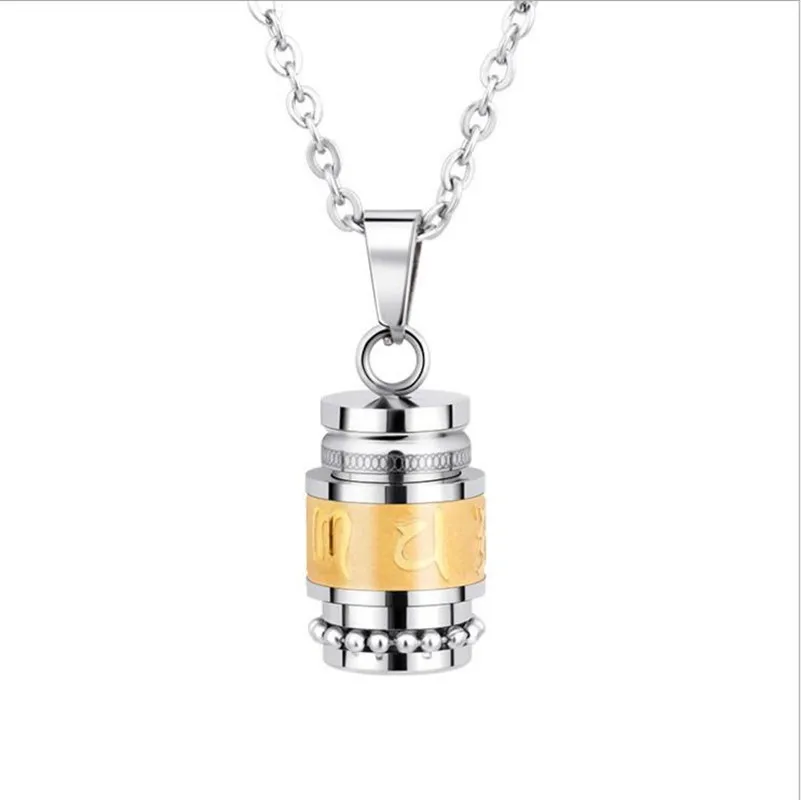Stainless Steel Buddhism Six Words Rotatable Necklace Women Men OM Mantra Prayer Wheel Mantra Bottle Urn Pendant Necklace