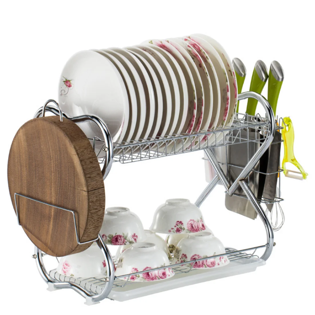 

HIPSTEEN Heart Shaped Double Layer Bowl Dish Drain Rack Multifunction Tableware Storage Holder Chopping Block Frame