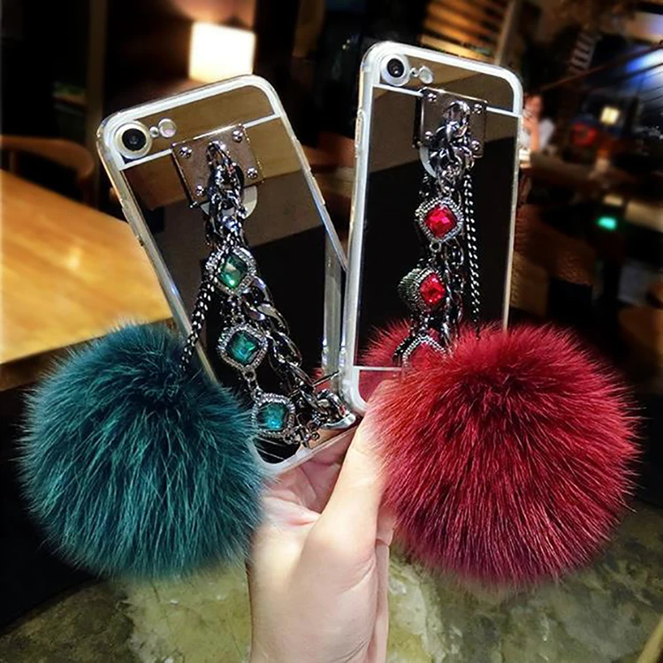 

for Samsung galaxy s5 s6 s7 s8 s9 edge plus note 3 4 5 8 Luxury Diamond Bracelet chain Fox soft pompom furball mirror case