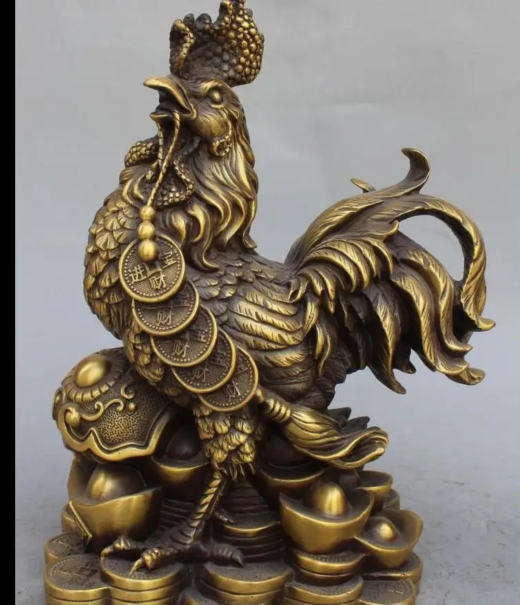 

6710571++12" Chinese Brass Wealth Money YuanBao Zodiac Year Animal Chicken Statue