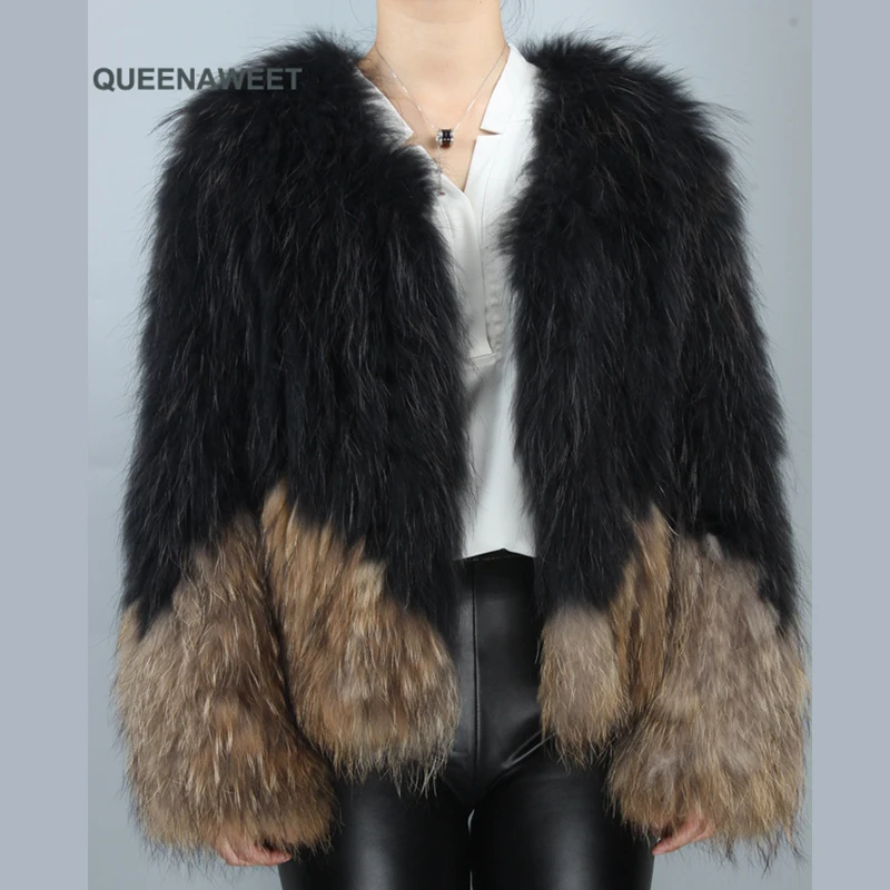 

New Knitted Raccoon Fur Coat Full Sleeve Raccoon Fur Jacket Overcoat Garment