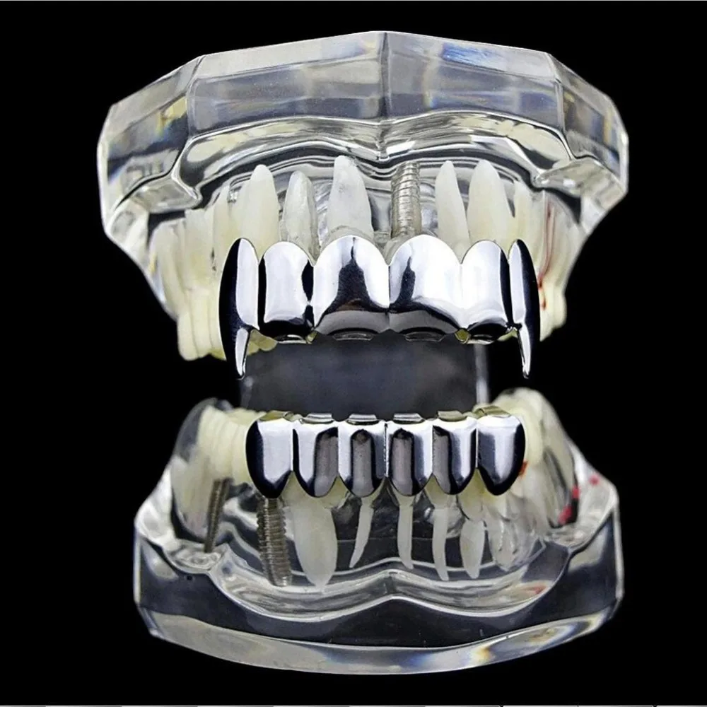 7-Hip Hop Gold Teeth Grillz Top & Bottom Grills Dental Mouth Punk Teeth Caps Cosplay Party Tooth Rapper Jewelry Gift T8N002W