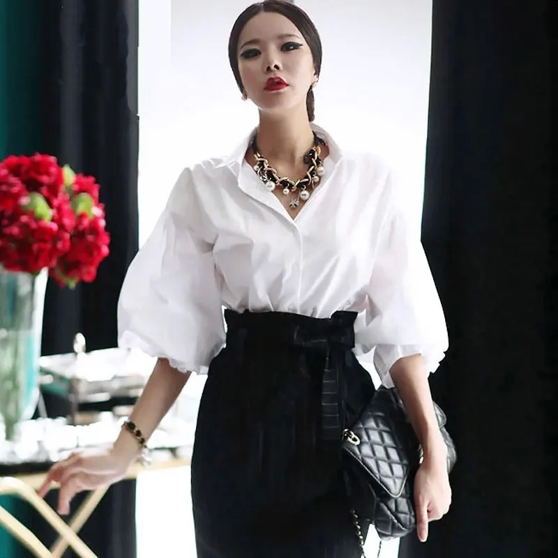 Women Lantern Sleeve Blouse Vintage Puff White Tops Female