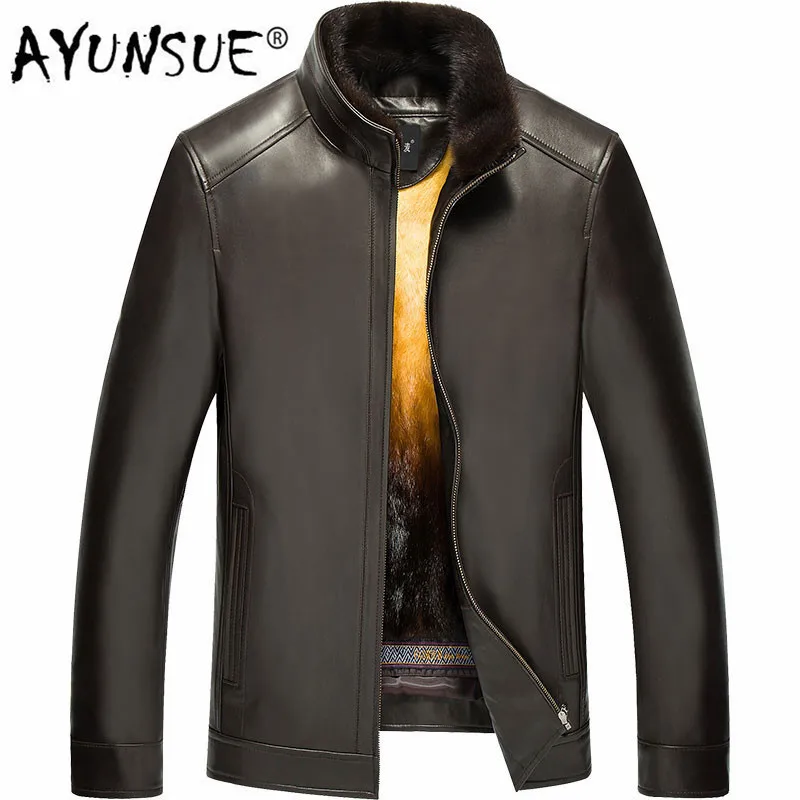 

AYUNSUE Genuine Leather Jacket Men Winter Jacket Mens Gold Mink Fur Liner Warm Plus Size Mink Jackets LN-171021 YY326