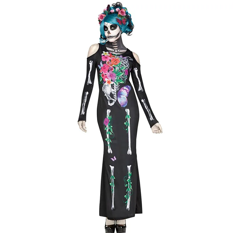 Adult Women Halloween Day Dead Costume Ladies Bridal Long Sleeves Black Scary Skeleton Skull Joker Cosplay Dress Plus Size M Xl Womens Scary Halloween Costumes Halloween Scary Costumeshalloween Costume Scary Aliexpress